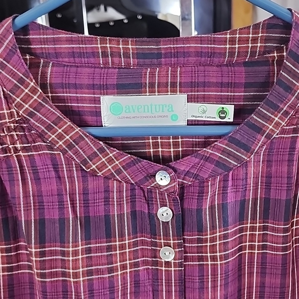 Aventura Purple Plaid Button-Up Shirt Large Organic Cotton - Picture 3 of 5